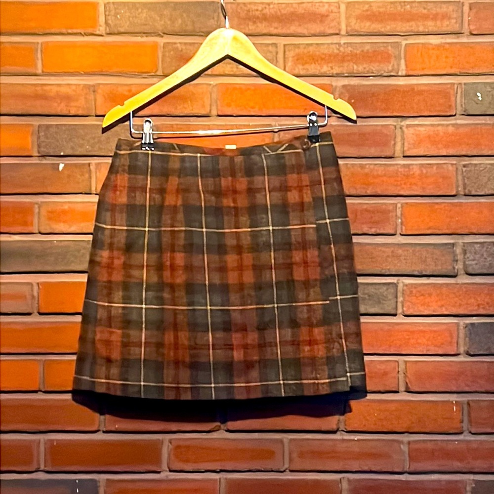 Eddie Bauer petite size 10 wool lined brown plaid wraparound skirt